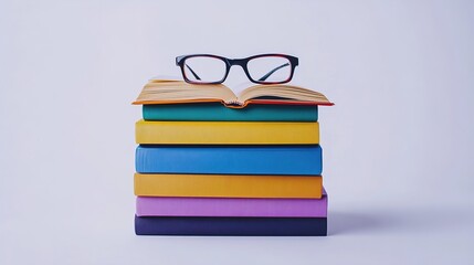 A Neatly Stacked Pile of Hardcover Textbooks in Various Colors with an Open Book on Top and Reading Glasses, Symbolizing Knowledge and Learning