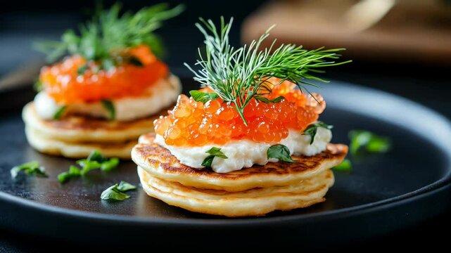 Gourmet blinis with caviar topped with fresh dill and cream cheese in elegant presentation