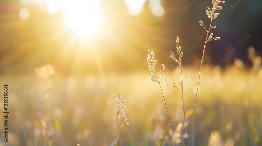 Aufkleber Golden sunlight shining through grass blades in a serene summer field capturing warm nature vibes : Generative AI