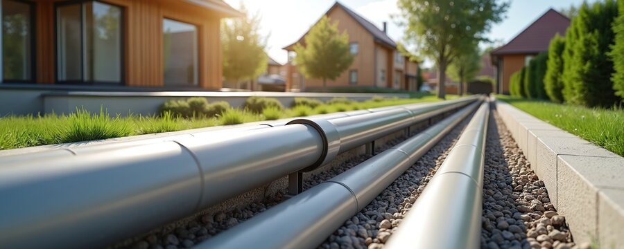 District heating system pipes distributing hot water in modern residential area. Infrastructure provides heat supply to houses, apartments. Geothermal, renewable energy, eco-friendly. Urban