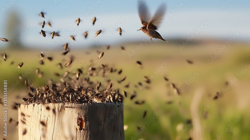 Poster hummingbird in motion surrounded by a swarm of insects over a wooden post : generative ai