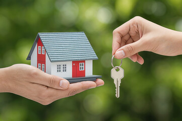 real estate, accommodation and eco friendly concept - close up of hand holding house or home and key model over green natural background