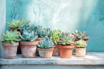 Collection of succulents in terracotta pots on a rustic wooden shelf against a teal wall.