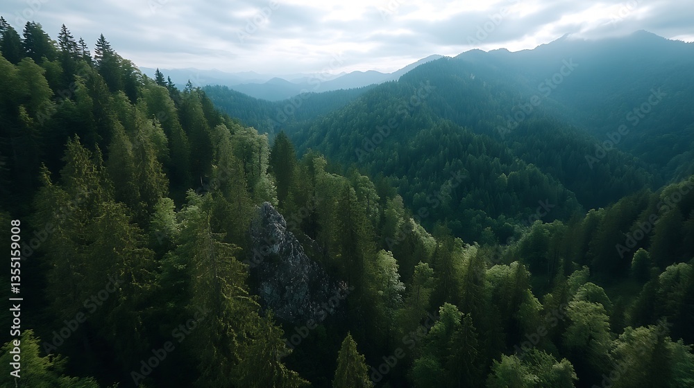 Poster expansive view of lush green forested mountains stretching into the horizon under cloudy skies : gen