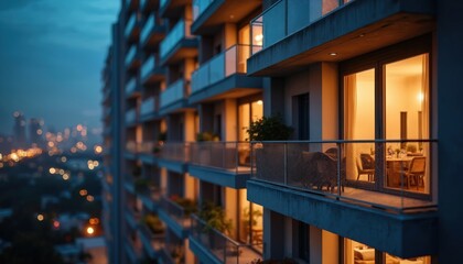 Obraz premium Modern apartment building illuminated at night. Balconies with floor-to-ceiling windows, city lights bokeh background. Urban skyline, dark sky with twinkling lights. Luxury accommodation, real estate.