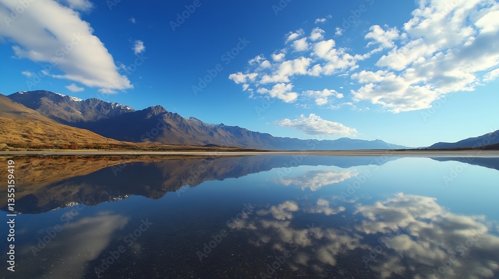 Poster breathtaking panoramic view of serene mountains reflecting on calm lake under clear blue sky : gener