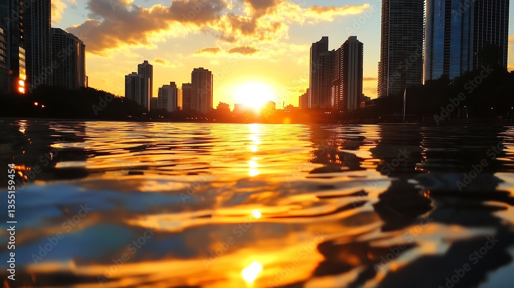 Aufkleber urban sunset over a reflective lake with a skyline view featuring highrise buildings and warm colors