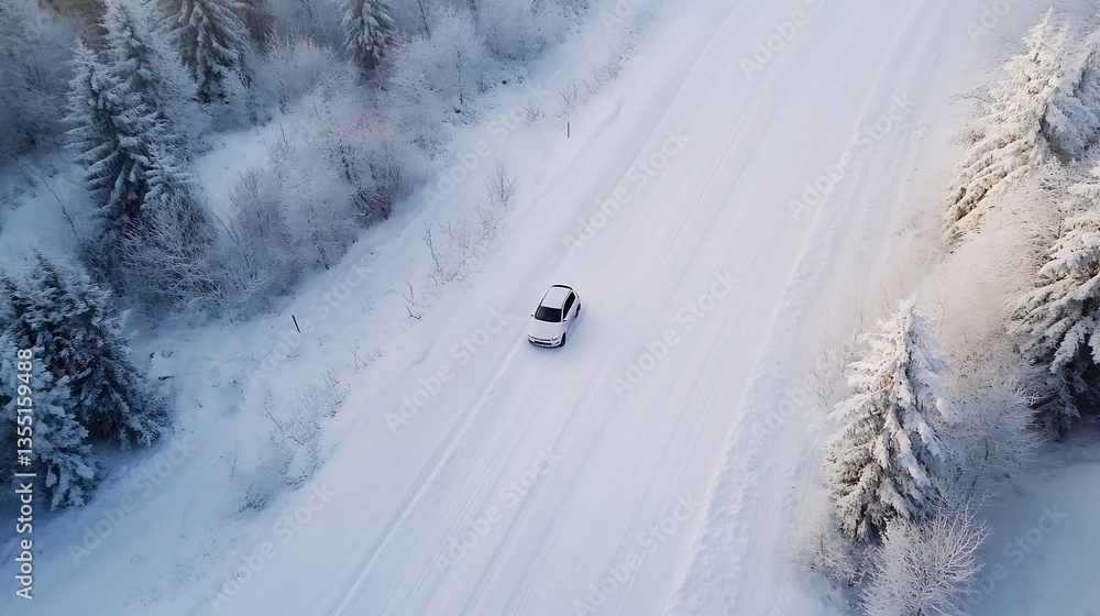 Poster aerial view of a car driving along a snowy road surrounded by frost covered trees : generative ai