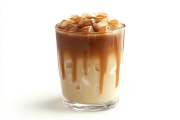 Refreshing iced coffee beverage with caramel syrup dripping down the glass, topped with ice cubes