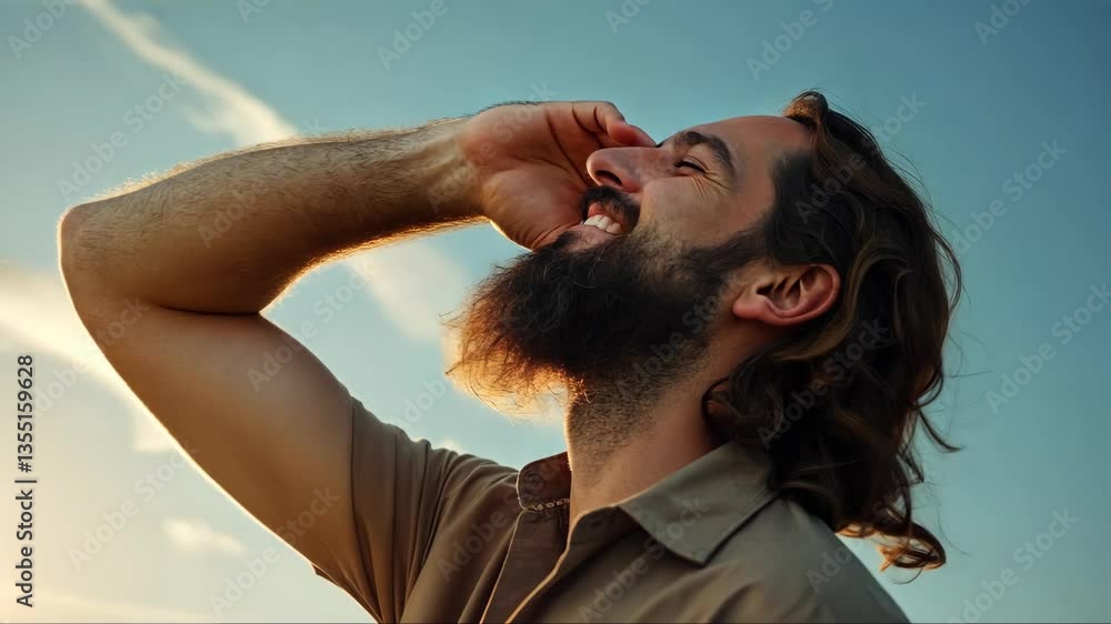Aufkleber man with a beard is smiling and looking up at the sky. the sky is blue with some clouds