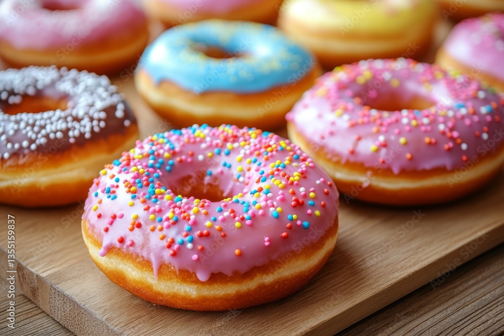 Poster close-up of assorted donuts with colorful frosting and sprinkles, creating a tempting arrangement on