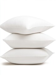Stack of three blank white throw pillows mockup on white background