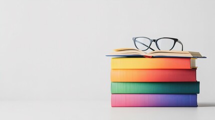 A Neatly Stacked Pile of Hardcover Textbooks in Various Colors with an Open Book on Top and Reading Glasses, Symbolizing Knowledge and Learning