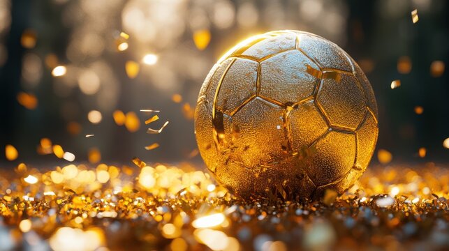 Golden soccer ball in confetti.