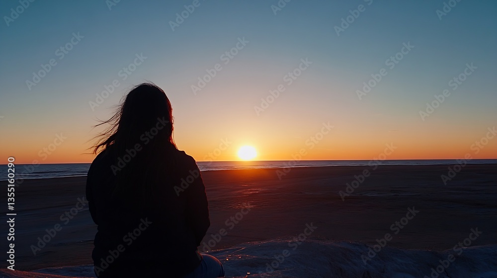 Poster silhouette of a person watching sunset over the ocean symbolizing peace and reflection : generative 