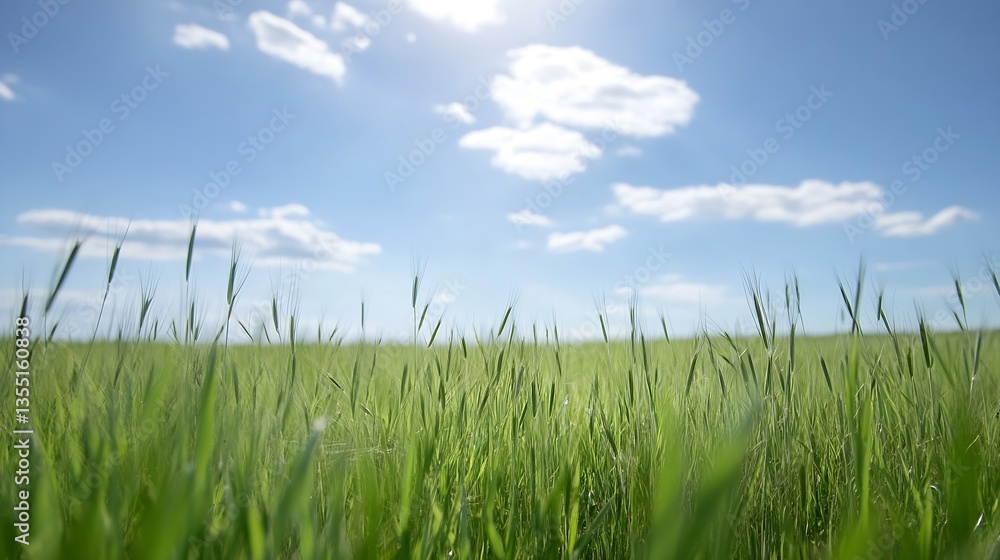 Poster closeup of lush green grass blowing in the wind under bright blue sky and fluffy clouds : generative