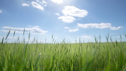Fototapeta premium CloseUp of Lush Green Grass Blowing in the Wind Under Bright Blue Sky and Fluffy Clouds : Generative AI