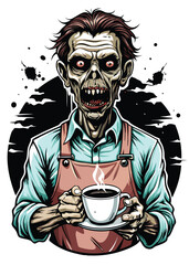 A decaying zombie barista, impeccably dressed, serves coffee in a trendy cafe, showcasing a darkly humorous juxtaposition.
