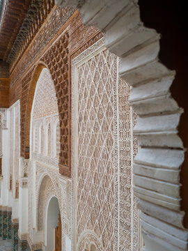Ben Yousseg Madrasa courtyard sabka decorated walls close-up, Marrakesh