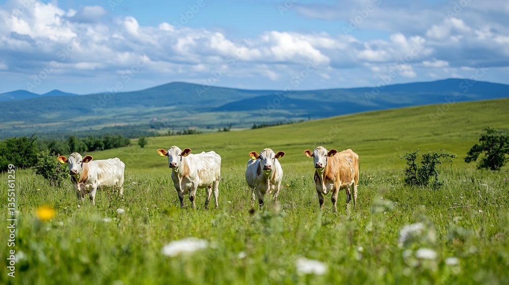 Poster group of cattle grazing peacefully in lush green meadow with mountains and blue sky in the backgroun