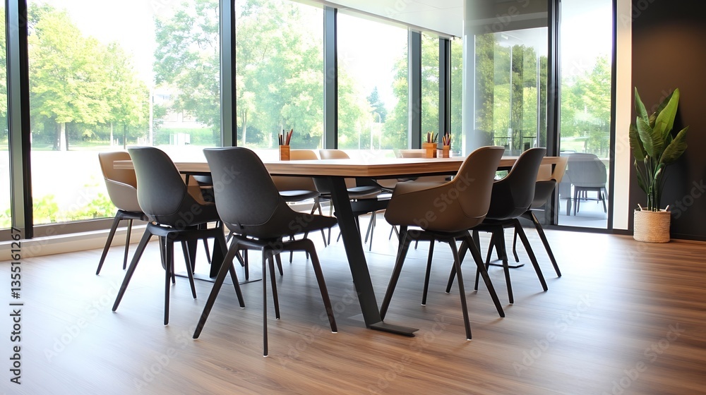 Poster modern minimalist meeting room with large windows and stylish furniture set for collaboration : gene