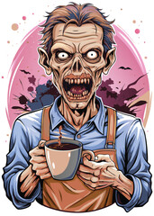 A decaying zombie barista, impeccably dressed, serves coffee in a stylish cafe.  Focus on detailed makeup and atmospheric lighting.
