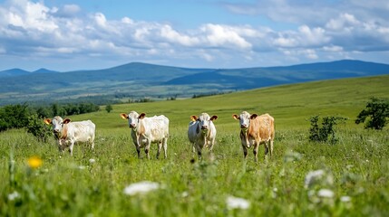 Obraz premium Group of cattle grazing peacefully in lush green meadow with mountains and blue sky in the background : Generative AI