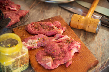 Fresh raw meat in the kitchen.