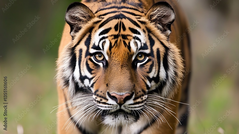 Poster majestic closeup of a tiger staring intently into the camera : generative ai