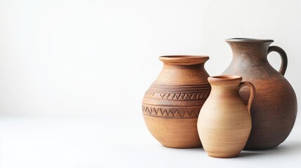 Empty brown ceramic clay flower and plant jars isolated on white background. Home pottery