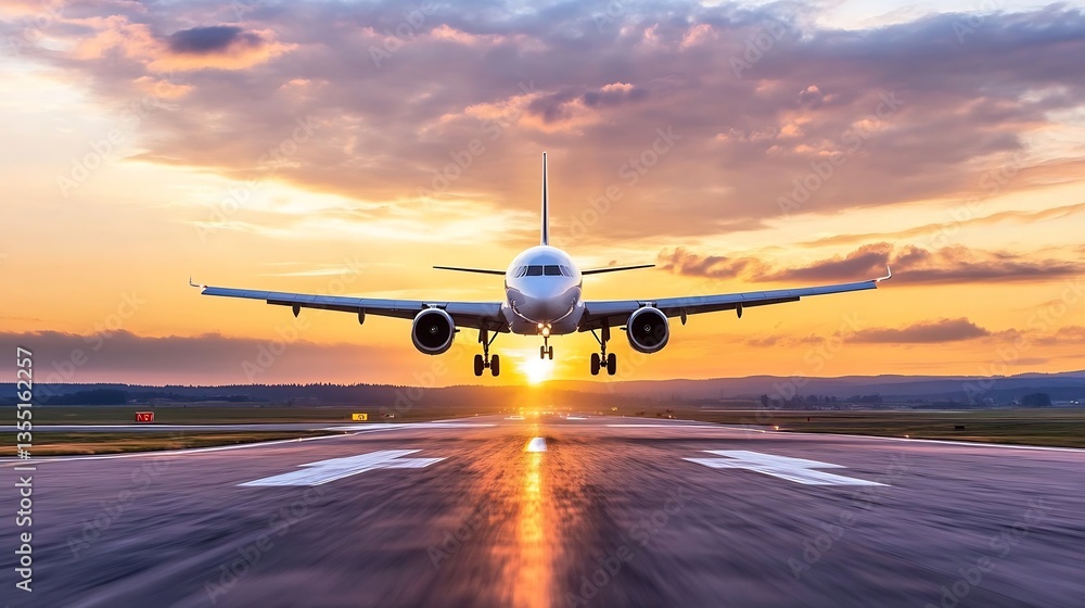 Poster airplane landing at sunset on the runway with beautiful sky in background : generative ai