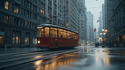 Obraz premium Vintage tram traveling through city streets.