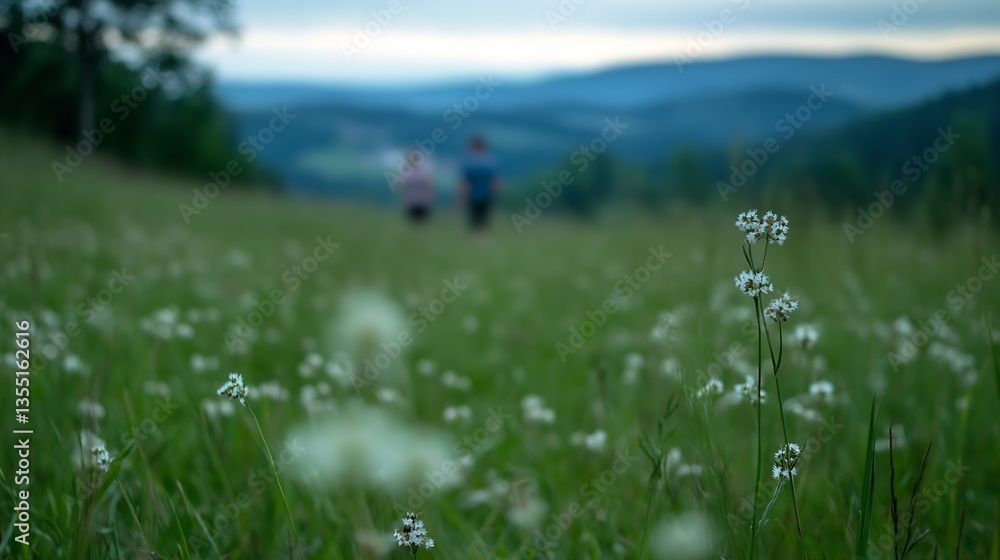 Aufkleber gentle wildflowers in a field with blurred figures creating a romantic backdrop : generative ai