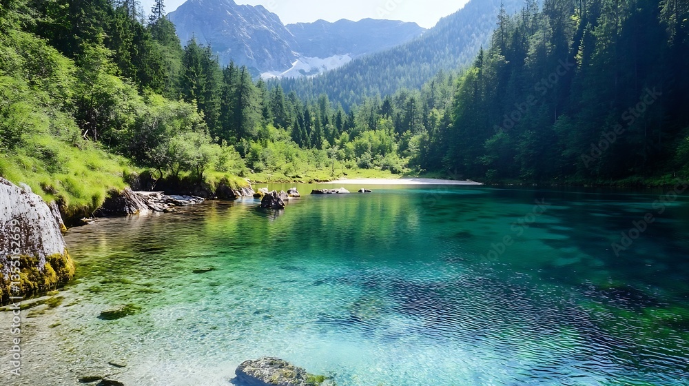 Aufkleber crystal clear lake surrounded by lush green forests and majestic mountains in a serene natural setti