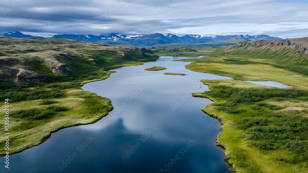 Poster aerial view of verdant river winding through lush green fields and majestic mountains in the backgro