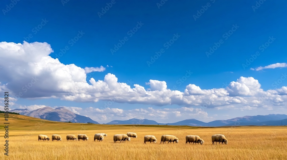 Poster herd of sheep grazing on lush fields under a blue sky with stunning cloud formations in the backgrou