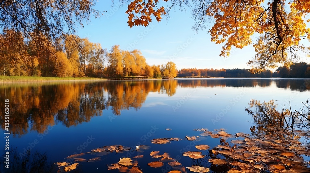 Poster serene lakeside view with colorful autumn foliage reflecting in calm water : generative ai