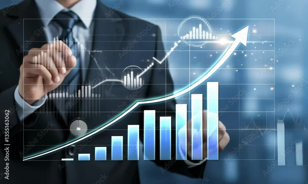Poster ascending the financial ladder: a sharp businessperson in a crisp suit, pointing towards a graph, de