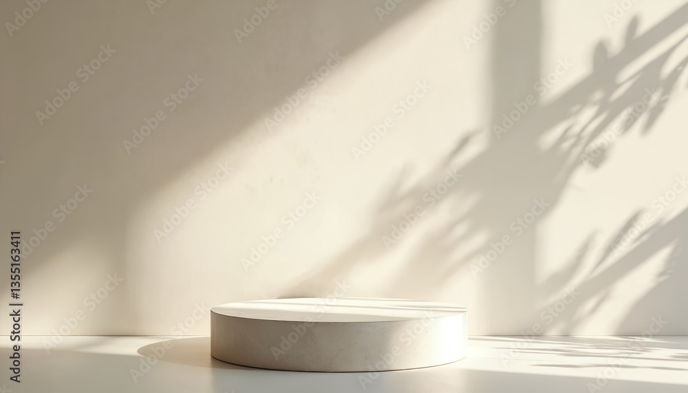 Poster minimalist cream white cement curve counter podium with texture. soft dappled sunlight, leaf shadow 