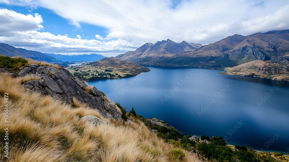 Poster stunning view of a serene lake surrounded by mountains and clear blue skies in nature : generative a