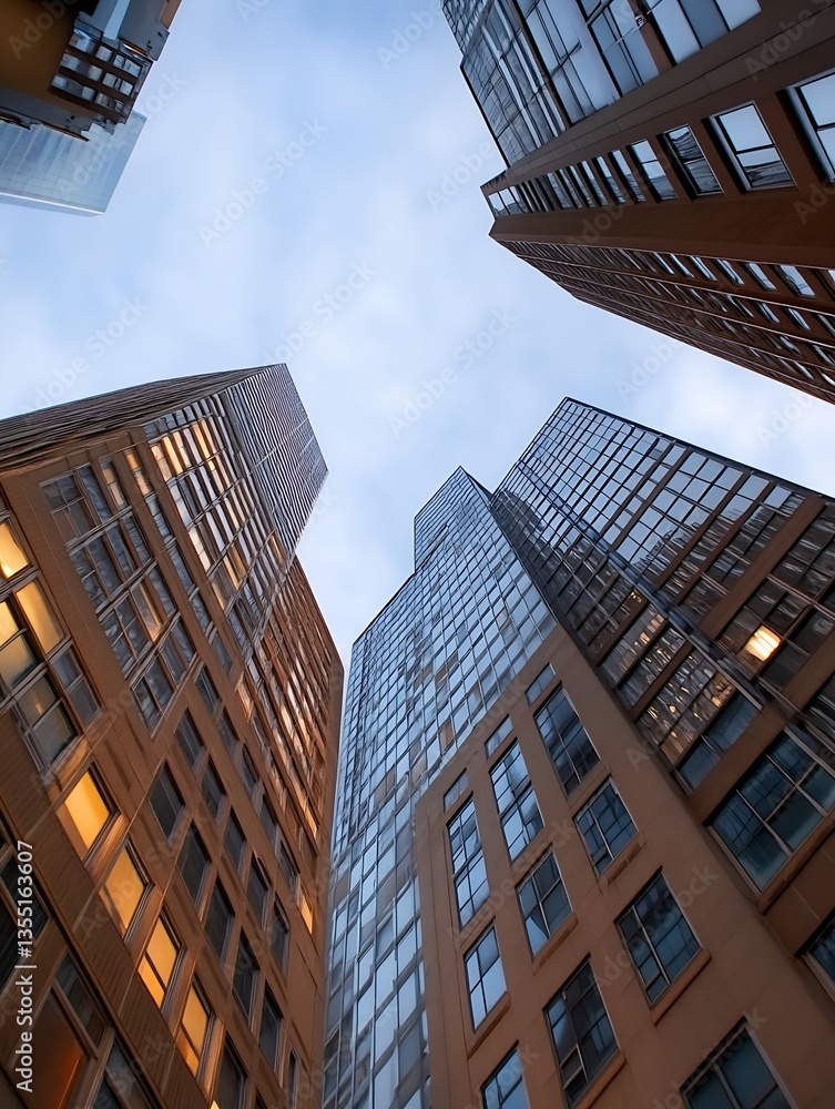Poster A dramatic view of towering modern skyscrapers reaching toward a cloudy sky : Generative AI