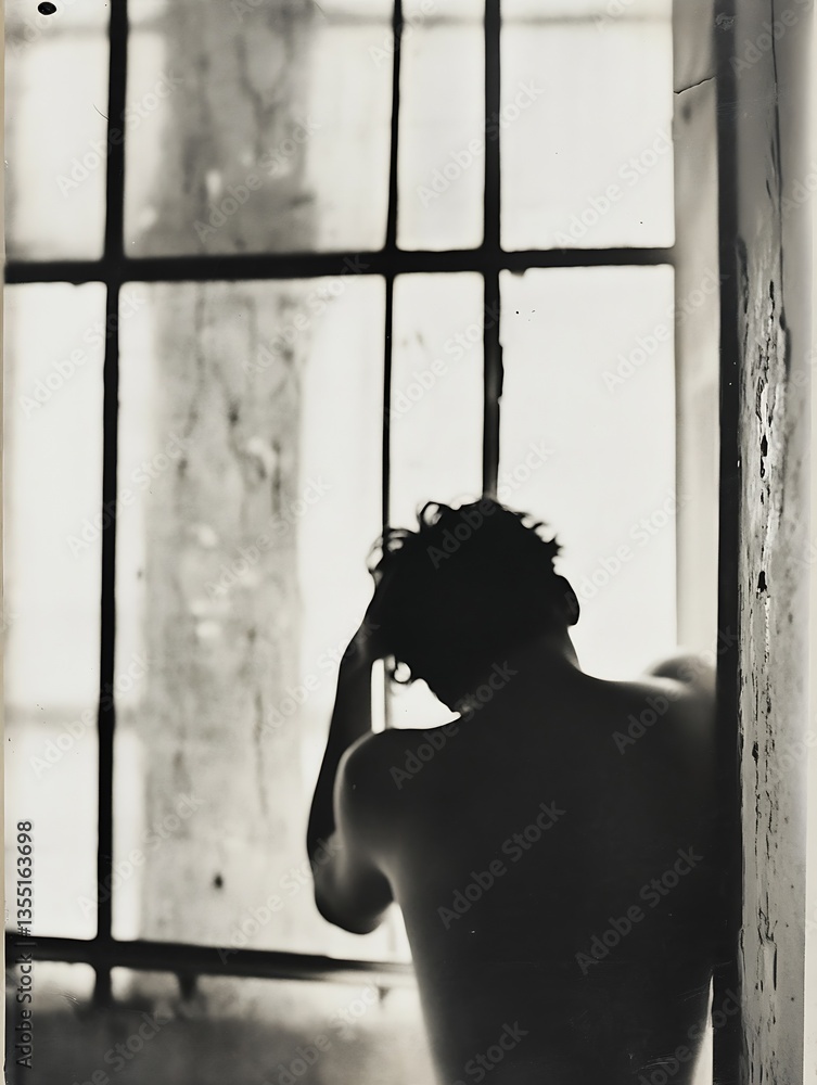 Aufkleber Silhouette of a man standing by a window in a reflective moment capturing a sense of isolation and introspection : Generative AI