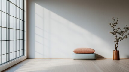 Zen productivity focus and meditation, A serene interior space featuring a large window, soft cushions, and a potted plant, illuminated by natural sunlight.