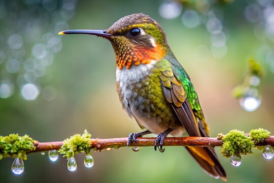 A hummingbird perched on a branch with dewdrops on its feathers.