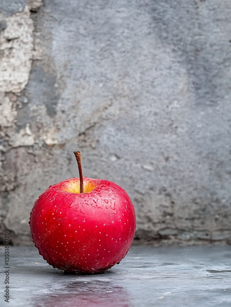 Poster fresh and juicy red apple with water droplets on a stone background : generative ai
