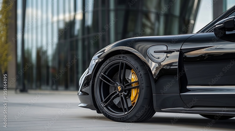 Poster closeup view of sleek black sports car tire with distinctive yellow brake caliper and modern archite