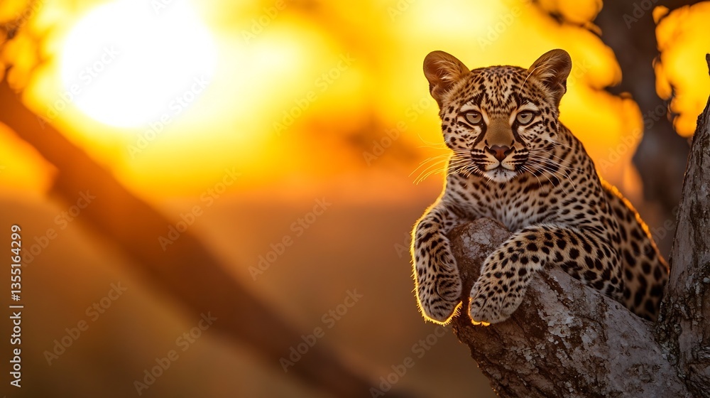 Poster majestic leopard resting on a tree branch with a stunning sunset backdrop in the wild : generative a