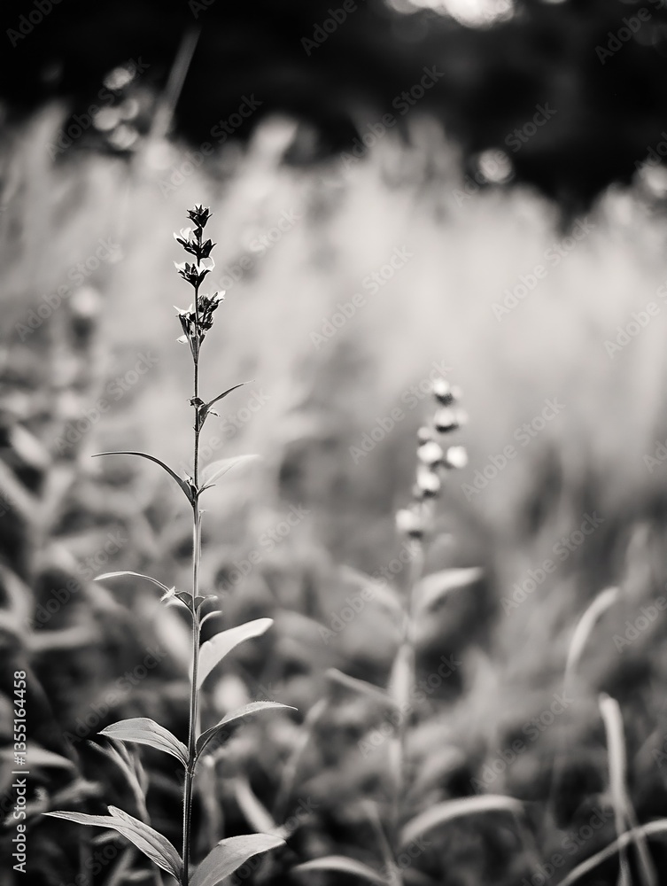 Poster black and white photograph of a delicate wildflower in a grassy field capturing nature's simplicity 