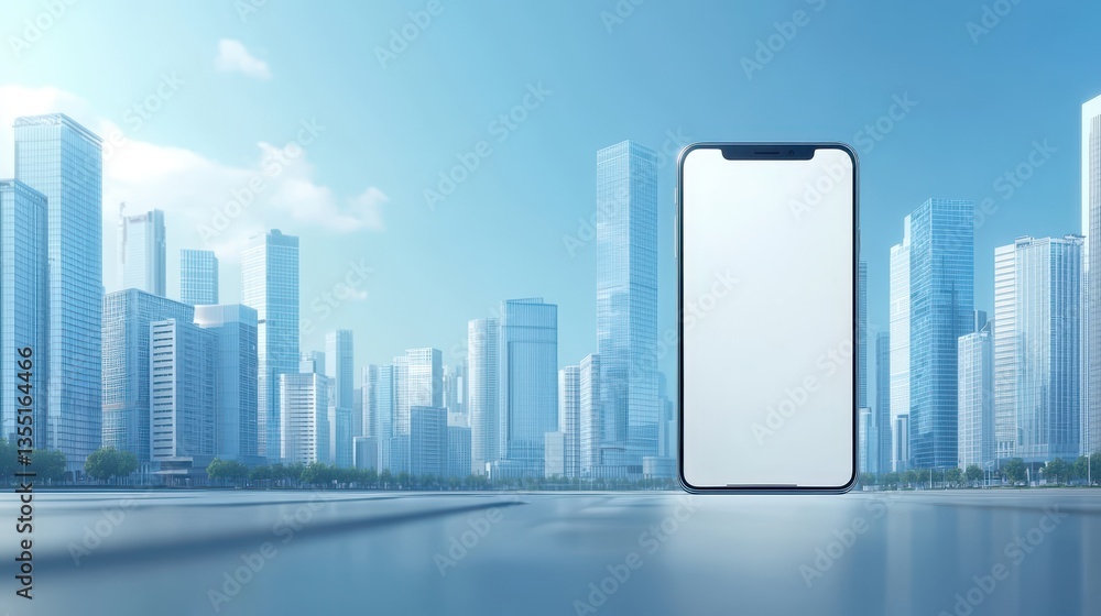 Poster modern smartphone mockup displaying blank screen against dynamic city backdrop