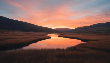 Mountain Sunset River Reflection.